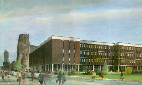 Illustration of the front elevation of the Stopford Building