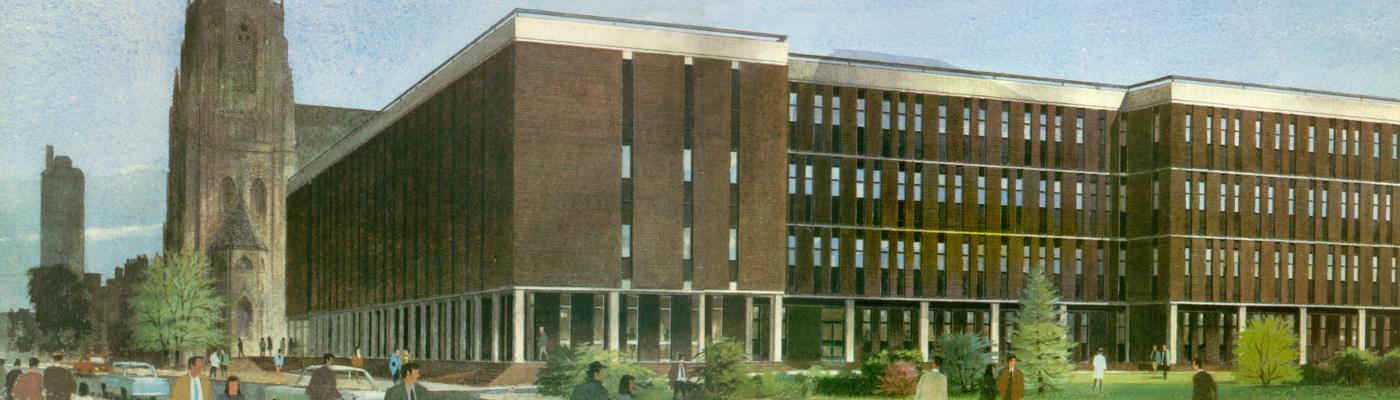 Illustration of the front elevation of the Stopford Building, a large brown building over four floors.