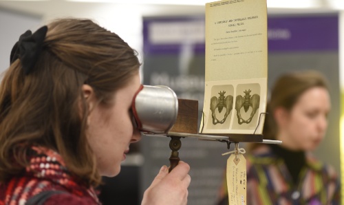 A young woman looks through a stereoscopic viewer, an anatomical teaching device. She examines a 3D image of the bone structure of an enlarged female pelvis, printed on a viewing card.