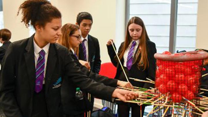 A group of school pupils engage with a model designed to represent red blood cell movement
